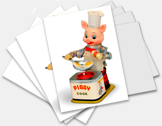 Note Cards, Greeting Cards featuring vintage antique made in Japan battery operated Piggy Cook