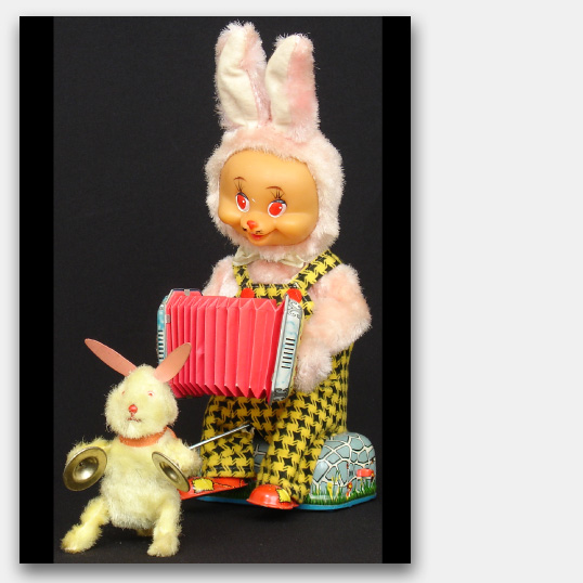 Note Cards, Greeting Cards featuring vintage antique battery-operated tin toys made in Japan Accordion Bunny