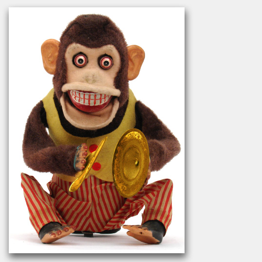 Note Cards, Greeting Cards featuring vintage antique battery-operated tin toys made in Japan Cymbals Monkey