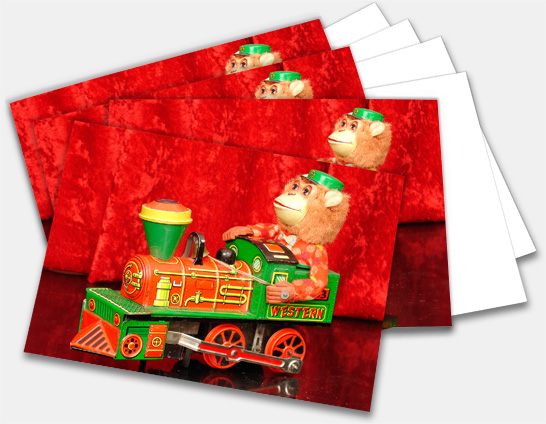 Note Cards, Greeting Cards featuring vintage antique made in Japan battery operated Monkey Train